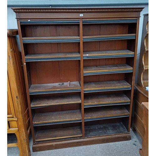 82 - 19TH CENTURY MAHOGANY OPEN BOOKCASE WITH DENTIL CORNICE AND ADJUSTABLE OPEN SHELVES ON PLINTH BASE. ... 
