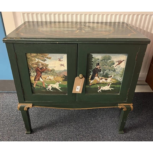 87 - EARLY 20TH CENTURY PAINTED OAK 2 DOOR CABINET WITH CLASSICAL HUNTING SCENES SIGNED INDISTINCTLY TO T... 