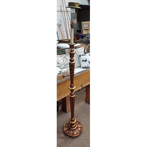 90 - PAINTED RED & GILT STANDARD LAMP WITH DECORATIVE REEDED COLUMN ON CIRCULAR BASE