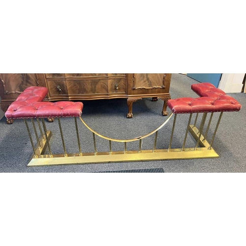 91 - BRASS CLUB FENDER WITH BUTTONED RED LEATHER CUSHIONS - 174 CM LONG X 55 CM DEEP