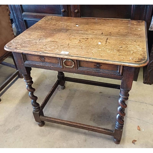 92 - 18TH/19TH CENTURY OAK SIDE TABLE WITH SINGLE DRAWER ON BARLEY TWIST SUPPORTS.  73 CM TALL X 77 CM  W... 