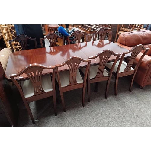 93 - MAHOGANY TWIN PEDESTAL DINING TABLE WITH EXTRA LEAF & SET OF 8 DINING CHAIRS ON SQUARE TAPERED SUPPO... 