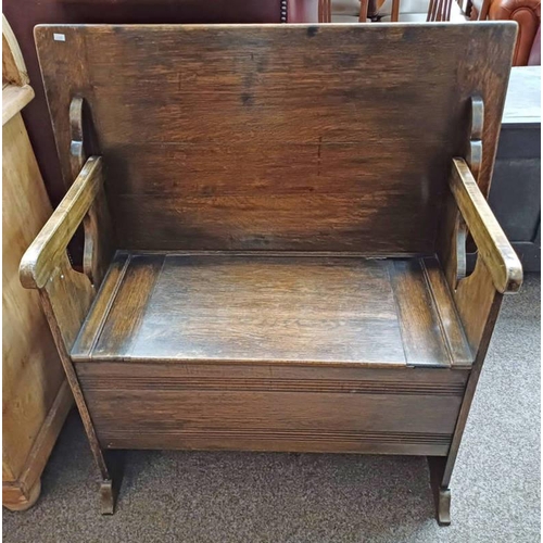 95 - 19TH CENTURY OAK MONKS BENCH WITH LIFT UP LID SEAT.  71 CM TALL X 91 CM WIDE