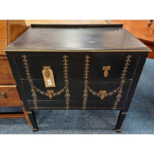 99 - 20TH CENTURY PAINTED BLACK & GILT 2 DRAWER CHEST. 77 CM TALL X 76 CM WIDE