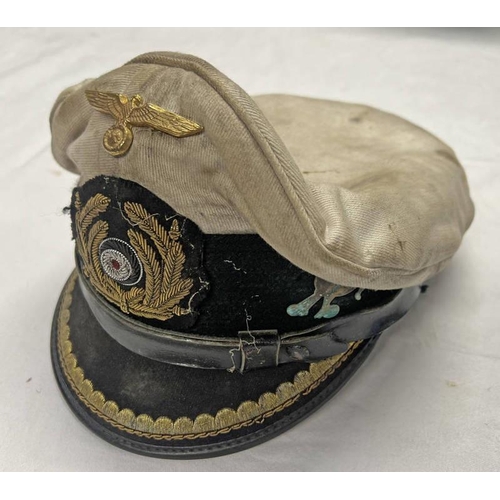 1106 - AGED MUSEUM QUALITY REPRODUCTION WW2 STYLE U-BOAT KRIEGSMARINE CAP WITH NAME TO INTERIOR