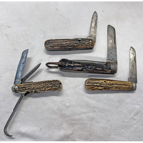 1175 - 4 STAG / ANTLER POCKET KNIVES TO INCLUDE JOHN PETTY & SONS, SHEFFIELD, WADE WINGFIELD MULTI TOOL (AF... 