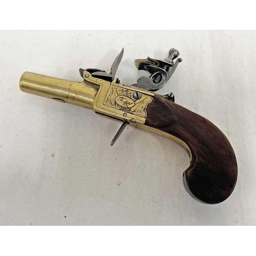 1180 - FLINTLOCK BOX LOCK 80 BORE PISTOL SIGNED TWIGG, 3.3CM LONG TURN OFF BARREL, SIGNED & ENGRAVED LOCK, ... 