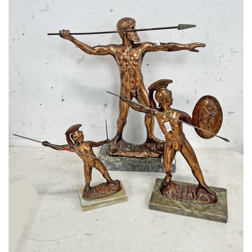 1569 - 3 COPPER PLATED METAL CLASSICAL SPEAR MEN FIGURES, TALLEST 41CM -3-