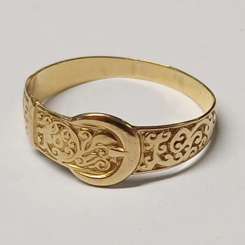 268 - 9CT GOLD ENGRAVED BUCKLE RING - RING SIZE S, 1.8G