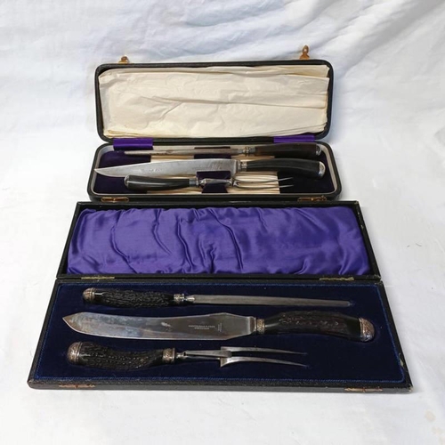 285 - 2 CASED SETS OF 3 PIECE HORN HANDLED CARVING SETS