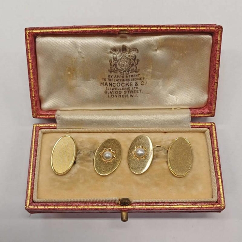 348 - PAIR OF GOLD CULTURED PEARL SET CUFF LINKS MARKED 18CT IN FITTED CASE BY HANCOCKS, LONDON, WEIGHT 9.... 