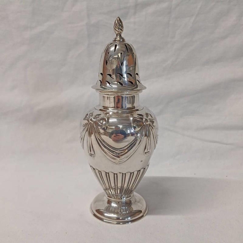 391 - SILVER PEDESTAL SUGAR CASTER WITH SWAG DECORATION BY SHARMAN DERMOTT NEILL, CHESTER 1908 - 19.5 CM T... 