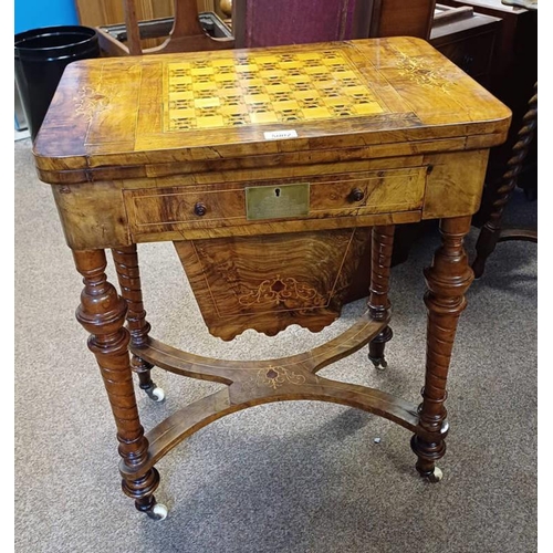 5002 - 19TH CENTURY INLAID WALNUT SEWING TABLE WITH FLIP TOP OVER BASE WITH 1 SHALLOW OVER 1 DEEP DRAWER ON... 