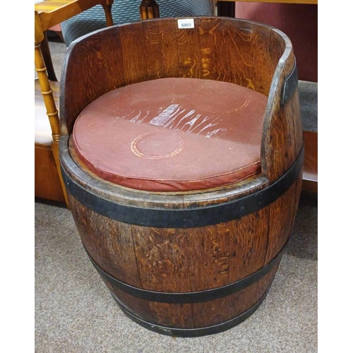 5003 - OAK WHISKEY BARREL CHAIR WITH IRON BANDING, 61CM TALL