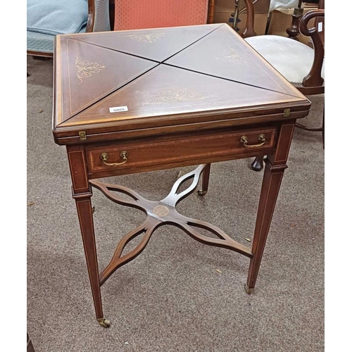 5005 - LATE 19TH CENTURY INLAID MAHOGANY ENVELOPE CARD TABLE WITH SINGLE DRAWER ON SQUARE TAPERED SUPPORTS ... 