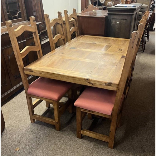 5009 - RUSTIC PINE REFECTORY TABLE & SET OF 6 TALL LADDER BACK DINING CHAIRS . TABLE LENGTH 160 CM