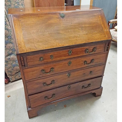 5016 - 19TH CENTURY MAHOGANY BUREAU WITH FALL FRONT OPENING TO FITTED INTERIOR OVER 4 DRAWERS ON BRACKET SU... 