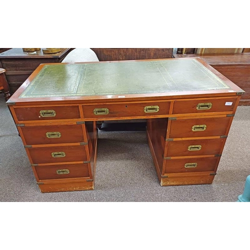 5018 - 20TH CENTURY CAMPAIGN STYLE YEW TWIN PEDESTAL DESK WITH LEATHER INSET TOP & 3 FRIEZE DRAWERS OVER 2 ... 