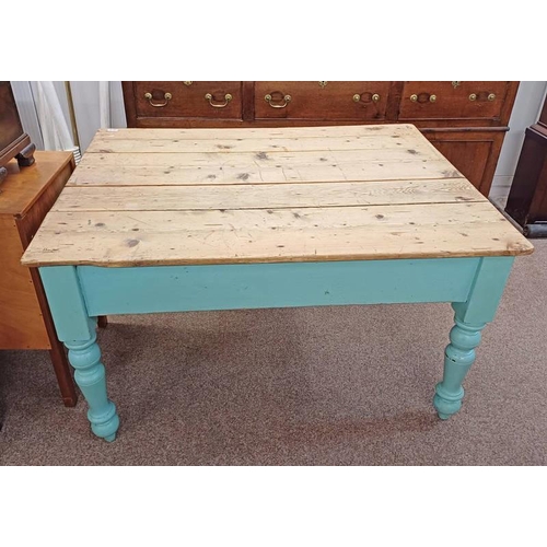 5019 - 19TH CENTURY PINE RECTANGULAR KITCHEN TABLE WITH 2 DRAWERS TO END ON PAINTED TURNED SUPPORTS, 124CM ... 