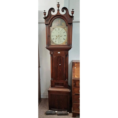 5025 - 19TH CENTURY MAHOGANY GRANDFATHER CLOCK WITH PAINTED DIAL WITH CLASSICAL SCENE DECORATION SIGNED 'JO... 