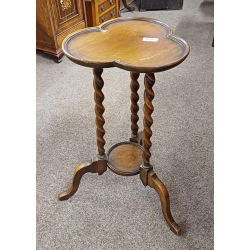 5030 - WALNUT PLANT STAND WITH TREFOIL TOP & BARLEY TWIST DECORATION ON 3 SPREADING SUPPORTS, 63CM TALL