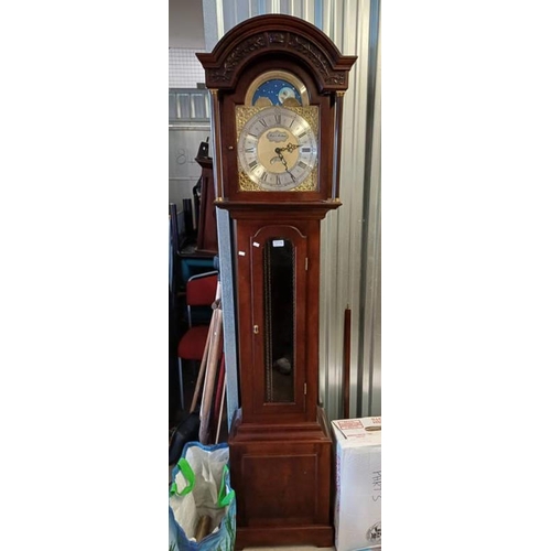 5036 - MAHOGANY LONG CASE CLOCK WITH BRASS & SILVERED DIAL SIGNED TEMPUS FUGIT WITH 2 WEIGHTS & PENDULUM