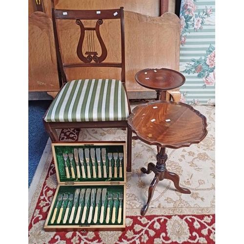 5048 - MAHOGANY CANTEEN & CONTENTS OF SILVER PLATE CUTLERY, MAHOGANY HAND CHAIR & 2 OCCASIONAL PEDESTAL TAB... 