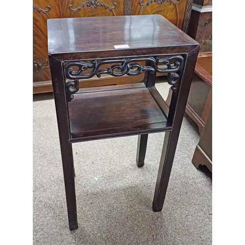 5054 - EASTERN HARDWOOD POT STAND WITH DECORATIVE FRET WORK & UNDERSHELF, HEIGHT 80CM