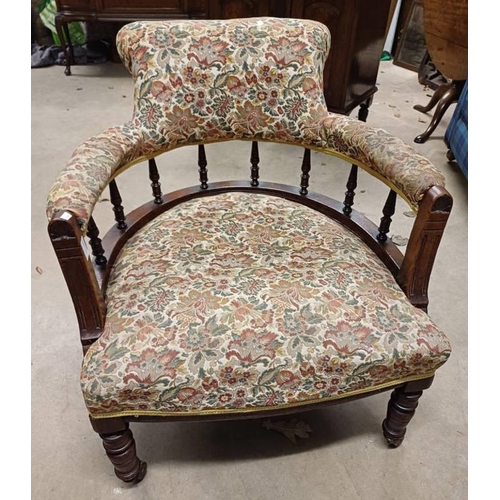 5056 - LATE 19TH CENTURY MAHOGANY FRAMED TUB CHAIR ON TURNED SUPPORTS