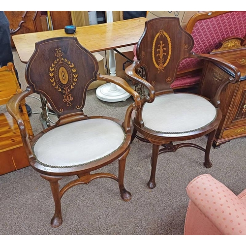 5062 - 2 20TH CENTURY MAHOGANY OPEN ARMCHAIRS WITH OVAL SEATS, SHAPED ARMS & DECORATIVE BOXWOOD INLAY ON QU... 