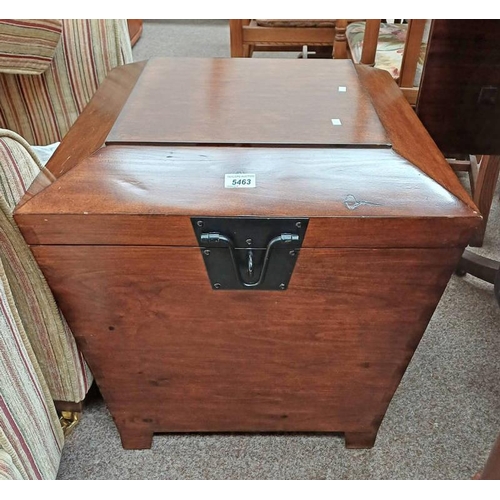 5463 - MAHOGANY STORAGE BOX WITH LIFT LID TOP WITH METAL FIXTURES, 58CM TALL X 56CM WIDE