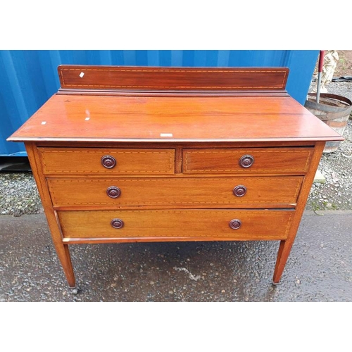 5465 - EARLY 20TH CENTURY INLAID MAHOGANY RAIL BACK WASHSTAND WITH 2 SHORT OVER 2 LONG DRAWERS ON SQUARE TA... 