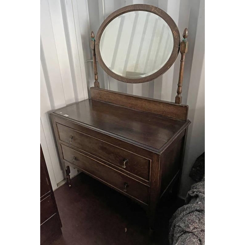 5468 - OAK DRESSING CHEST WITH OVAL MIRROR OVER 2 DRAWERS ON TURNED SUPPORTS, 153CM TALL X  99CM WIDE