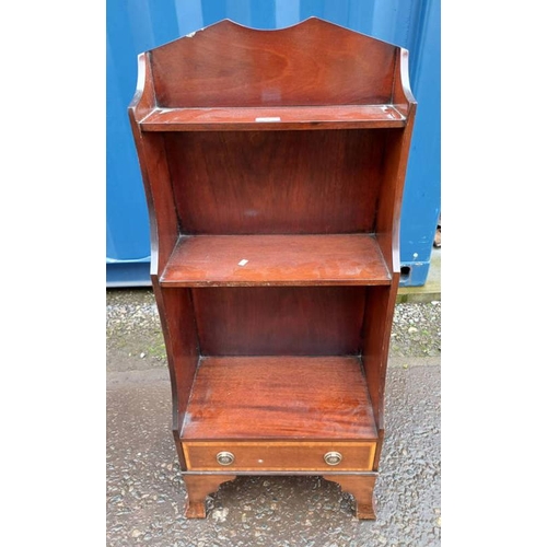 5469 - 20TH CENTURY INLAID MAHOGANY BOOKCASE WITH 3 GRADUATED SHELVES & SINGLE DRAWER TO BASE ON SPLAYED SU... 