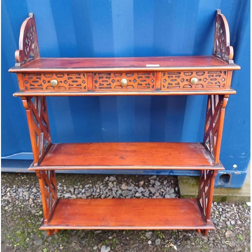 5473 - MAHOGANY WALL HANGING WHAT-NOT WITH 3 DRAWERS & DECORATIVE FRET WORK ENDS.  91 CM TALL X 66 CM WIDE