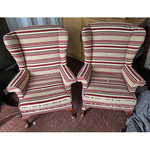 5476 - PAIR OF MAHOGANY FRAMED WINGBACK ARMCHAIRS ON QUEEN ANNE SUPPORTS