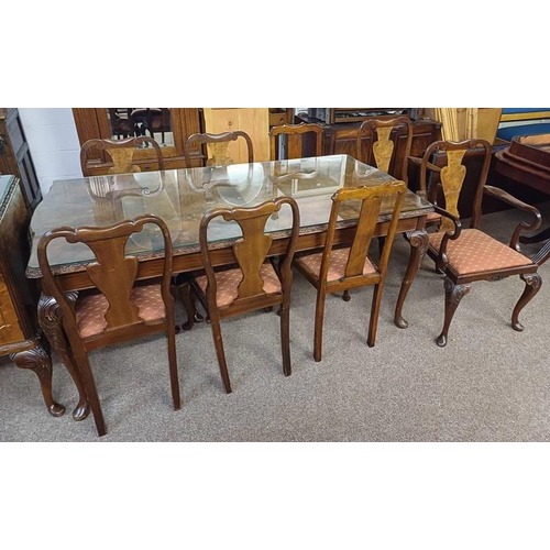 5478 - 20TH CENTURY BURR WALNUT DINING TABLE ON SHAPED SUPPORTS & SET OF 6 WALNUT DINING CHAIRS & 2 OTHER S... 