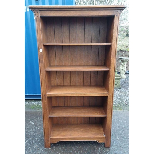 5485 - OAK OPEN BOOKCASE LABELLED SHERRY TO SIDE. 190 CM TALL X 106 CM WIDE