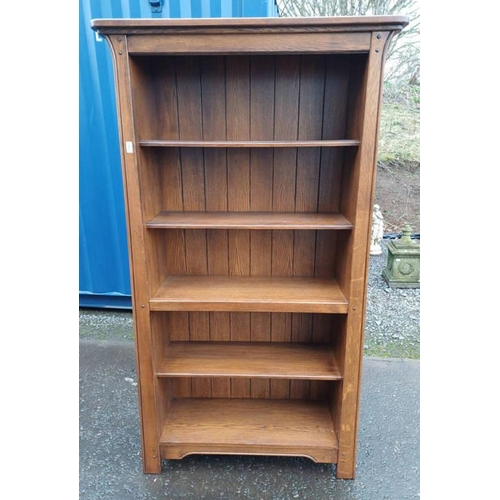 5486 - OAK OPEN BOOKCASE LABELLED SHERRY TO SIDE - 190 CM TALL X 106 CM WIDE