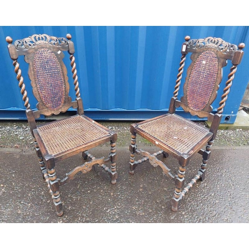 5488 - PAIR OF CARVED OAK HAND CHAIRS WITH BARLEY TWIST DECORATION & BERGERE PANEL BACKS & SEATS