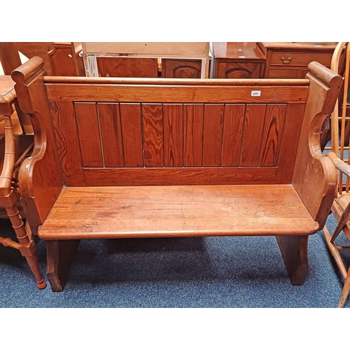 5495 - EARLY 20TH CENTURY PINE PEW. 93 CM TALL X 117 CM WIDE