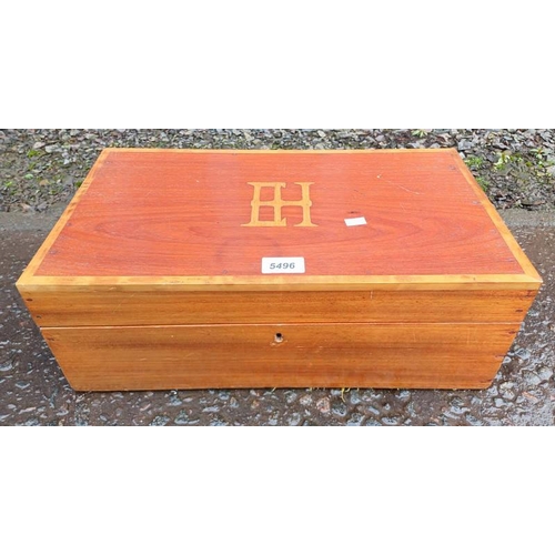 5496 - 19TH CENTURY INLAID MAHOGANY WRITING SLOPE INITIALED EH TO TOP