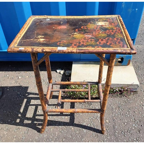 5501 - BAMBOO OCCASIONAL TABLE WITH ORIENTAL PAINTE DECORATION TO TOP. 72 CM TALL X 55 CM WIDE