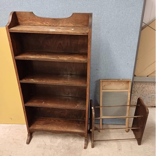 5512 - OAK OPEN BOOKCASE, PINE DINCO WASHBOARD, ETC  - 3 PIECES