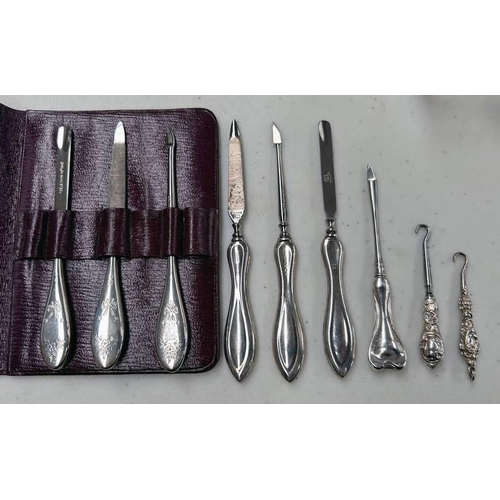 56 - 2 SILVER HANDLED BUTTON HOOKS, 2 SETS OF 3 SILVER HANDLED MANICURE ITEMS, ETC