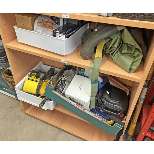 6155 - WADERS, CAMERAS, TOOLS, LIGHTS ETC OVER 2 SHELVES