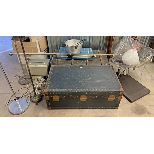 6175 - TWO LARGE TRUNKS, STANDARD LAMPS, FOLDING CHAIR, ENLARGER ETC