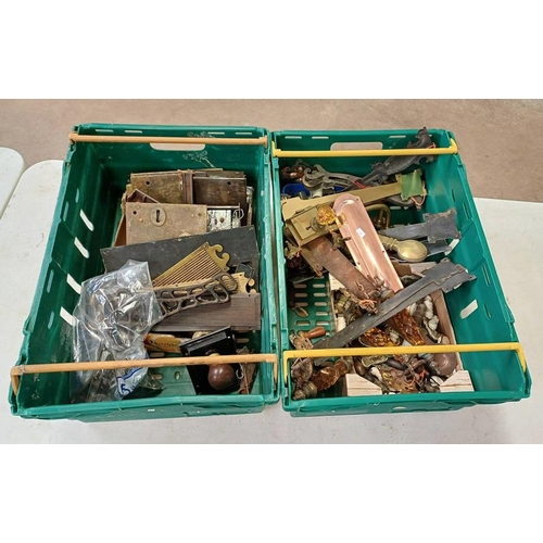 6176 - GOOD SELECTION OF BRASS ORMOLU & CUT GLASS DOOR HANDLES, BRASS FIXTURES, LOCKS ETC IN 2 BOXES.