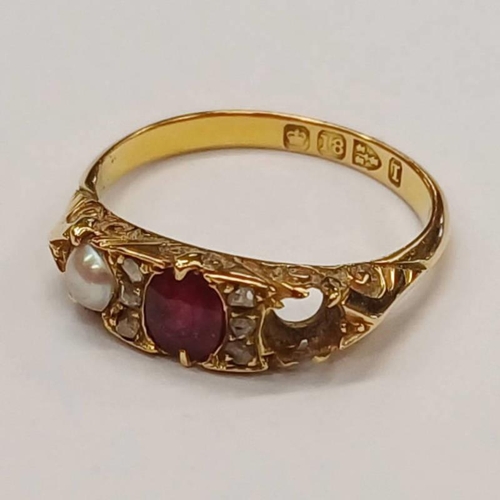 674 - LATE VICTORIAN 18CT GOLD PEARL RUBY & ROSE CUT DIAMOND SET RING, CHESTER 1892 - A/F, 3.0 G