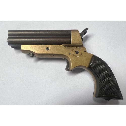 1127 - C SHARPS PATENT 1859 DERRINGER PISTOL WITH 4  3'' BARRELS, BRASS BODY WITH MAKERS MARKINGS, BOTH BAR... 